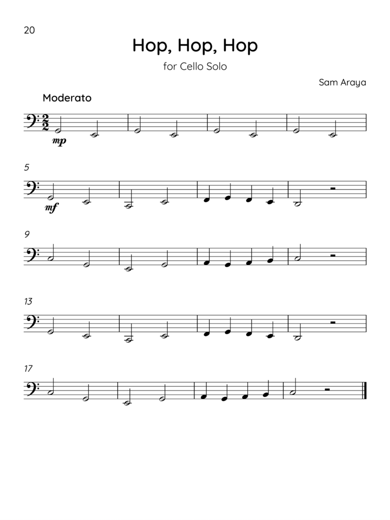sample page 5, Hop, Hop, Hop  for solo cello, by Sam Araya